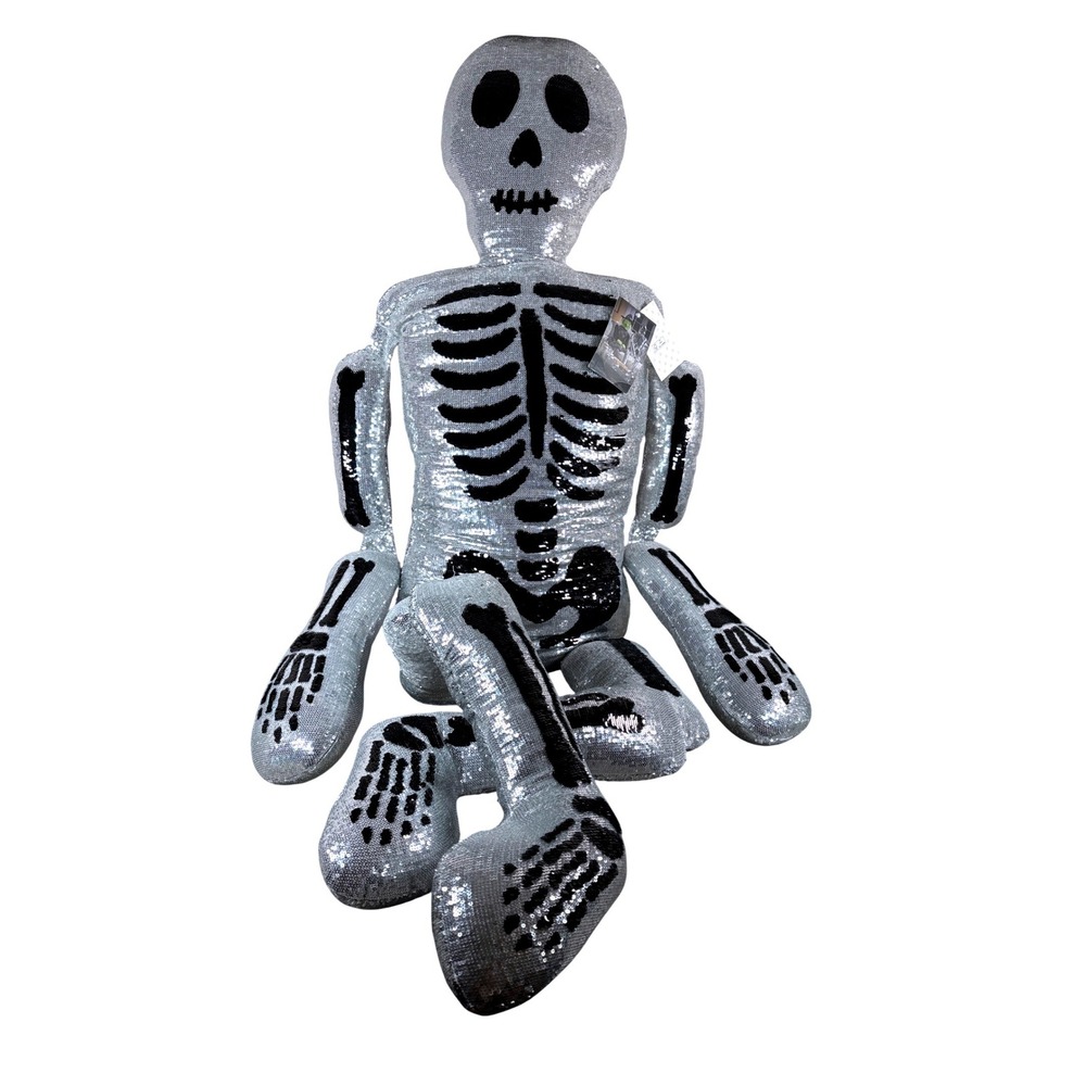 LARGE Isaac Mizrahi New York Silver Sequin Skeleton Decorative Pillow Halloween
